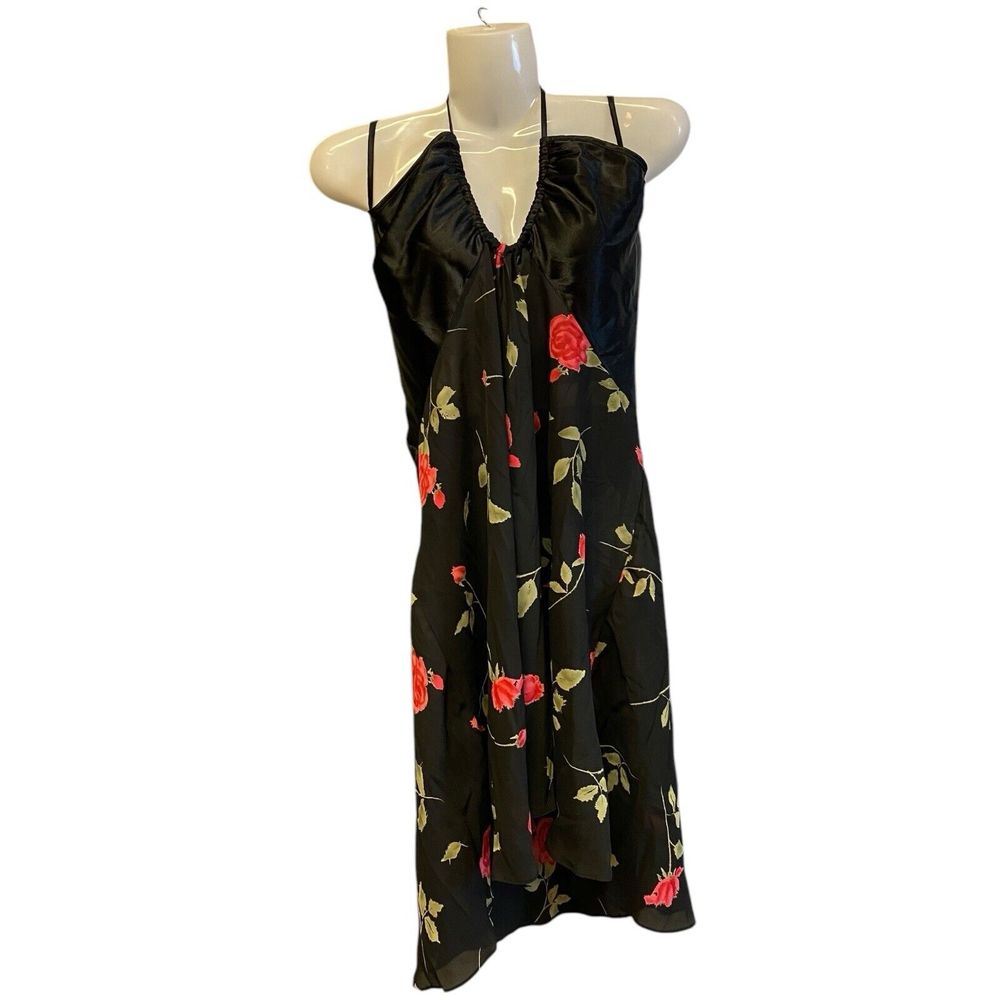 Vtg GILLIGAN & OMALLEY Rosesβ Foral Black Satin Negligee Lingerie Gown Womens XL